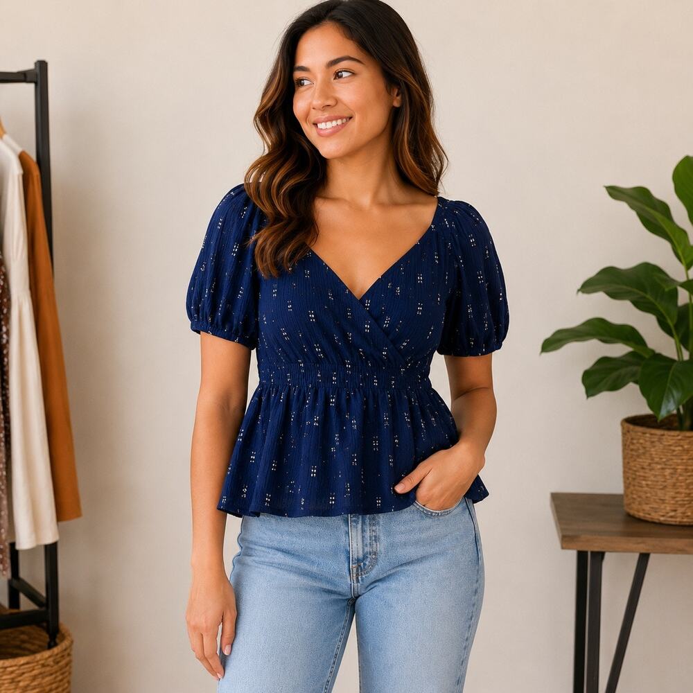 Madewell Navy Embroidered Puff Sleeve Peplum Top Small 100% Cotton